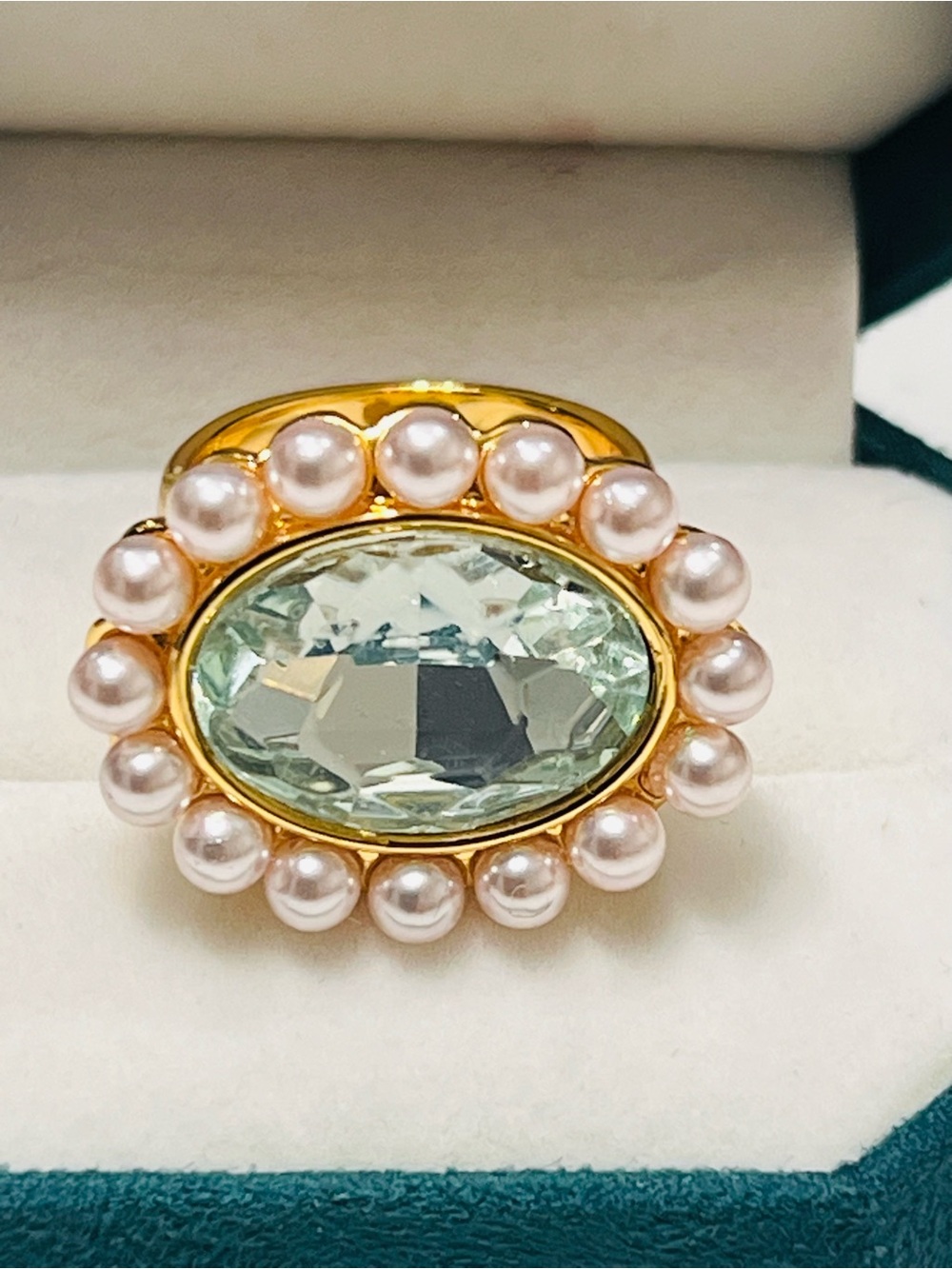 Kurt Geiger Gold Ring with Light Green Center Stone and Pink Pearls